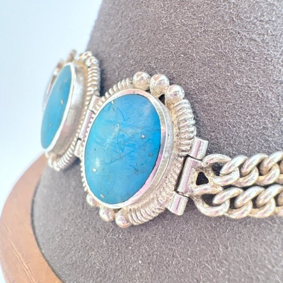 VTG Sterling Silver 925 Turquoise Double Curb Link Chain Bracelet 8.5" Length - Picture 3 of 12